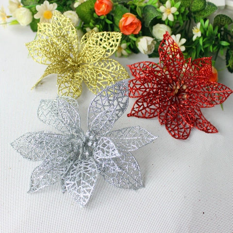 Flor De Navidad Artificial Hueca Brillante Con Purpurina Adorno De Plástico Para Decoración De Árboles Arreglo De Boda