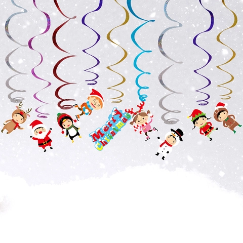 Christmas Hanging Swirl Decorations With Cartoon Santa Reindeer Paper Tags PET Foil Spiral Ceiling Streamers For Xmas Party Home Decor