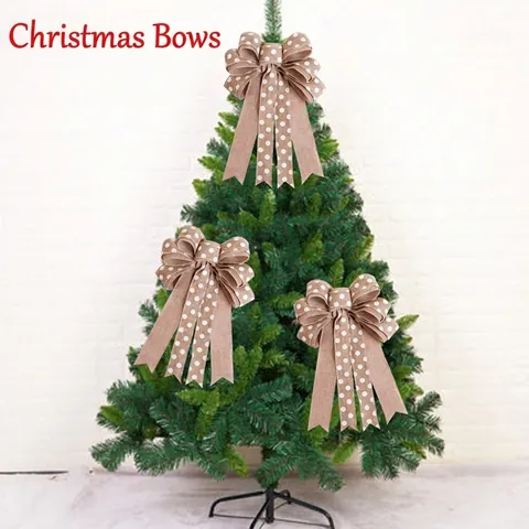 Lazo Grande para Cima de Árbol de Navidad Imitación Lino Lunares Borde con Alambre Adorno Colgante Rústico