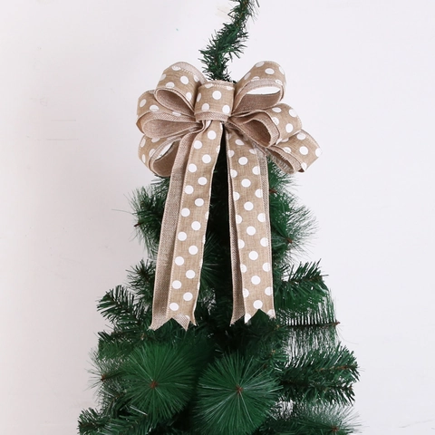 Lazo Grande para Cima de Árbol de Navidad Imitación Lino Lunares Borde con Alambre Adorno Colgante Rústico