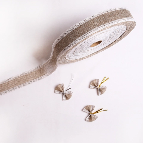 Natural Burlap Ribbon With White Lace Trim For Christmas Tree Decoration Rustic DIY Crafts Gift Wrapping Wedding Party