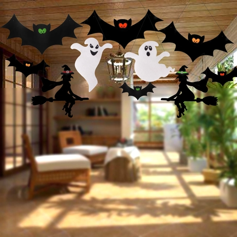 Set di Decorazioni Appese di Halloween Pipistrello Fantasma Strega Silhouette in Tessuto Non Tessuto Ornamenti Fai-da-te per Festa Bar Centro Commerciale