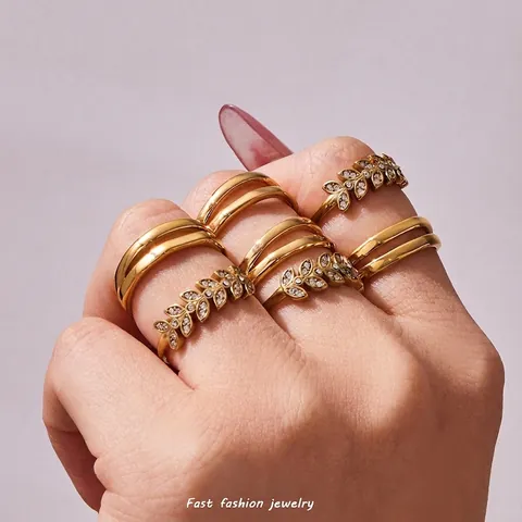 Stainless Steel Ring 18K Gold Plated Cubic Zirconia Leaf Wheat Ear Geometric Double Layer Adjustable Open Jewelry Women