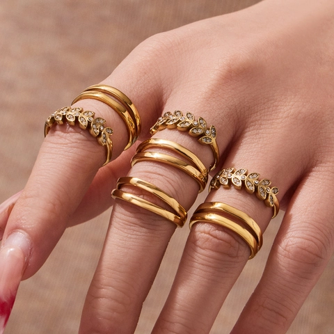Stainless Steel Ring 18K Gold Plated Cubic Zirconia Leaf Wheat Ear Geometric Double Layer Adjustable Open Jewelry Women