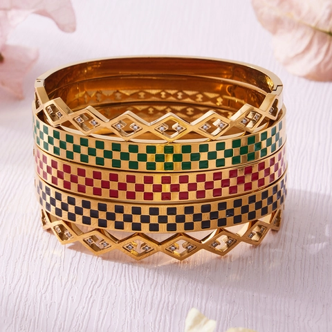 Brazalete de Acero Inoxidable Vintage para Mujer Impermeable Hipoalergénico Esmalte a Cuadros Geométrico Hueco Strass Joyería de Moda