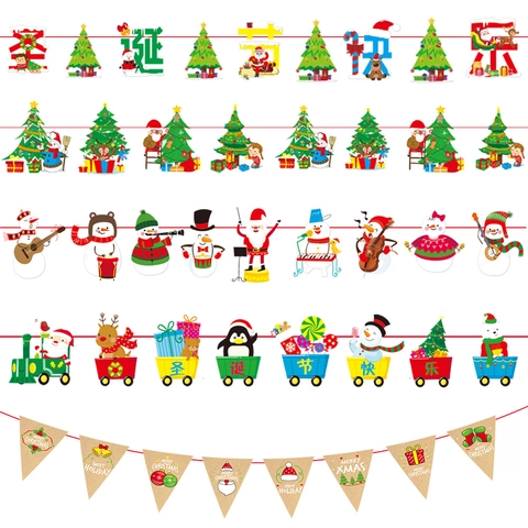 Kerst Papier Banner Slinger Voor Feest Thuis Decoratie Kerstman Rendier Sneeuwpop Patroon Merry Christmas Letters Hangende Decoratie