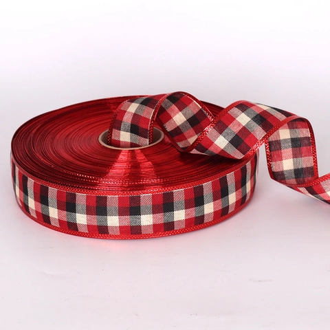 Christmas Buffalo Plaid Ribbon Roll Scottish Gingham Plaid Decorative Ribbon With Red Metallic Edge For Tree Decor Gift Wrap