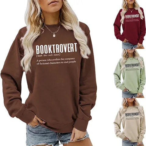 Booktrovert Letter Print Women Sweatshirt Round Neck Long Sleeve Casual Loose Cotton Blend Autumn Winter Tops Pullover