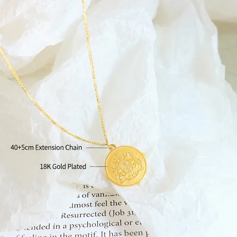 Collar Con Colgante De Moneda Redonda Vintage Acero De Titanio Chapado En Oro De 18K Relieve Escudo Emblema Joyería Étnica