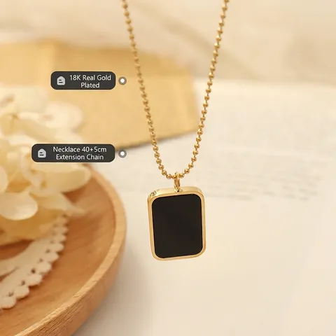 Vintage Rectangle Black Shell Tag Pendant Necklace Titanium Steel 18K Gold Plated Ball Chain Minimalist Jewelry For Women