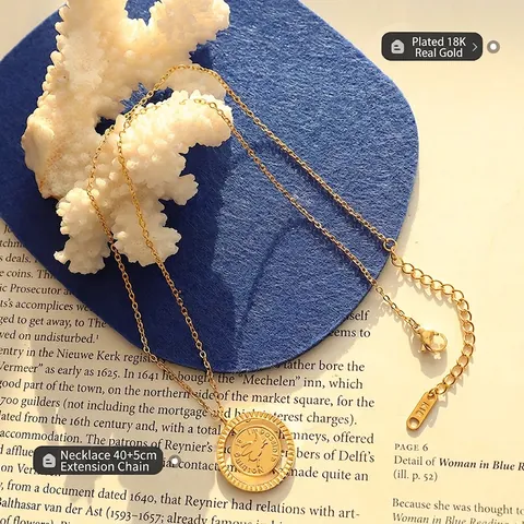 Collana Con Pendente Rotante Doppia Faccia Acciaio Al Titanio Con Placcato Oro 18K Moneta Rotonda Maialino Volante Vintage Moda Catenina Da Clavicola