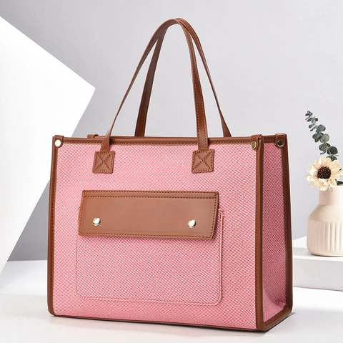 Women's Fashion Color Block Tote Bag Large Capacity Canvas PU Leather Shoulder Bag Casual Splicing Daily Commute Handbag
