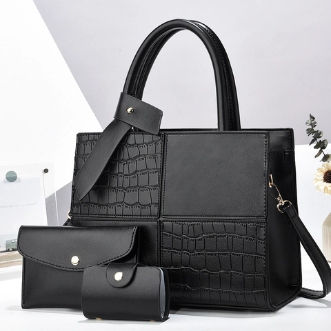 Women Fashion PU Leather Tote Bag Crocodile Pattern Stitching Large Capacity Shoulder Bag With Wallet And Card Holder Handbag