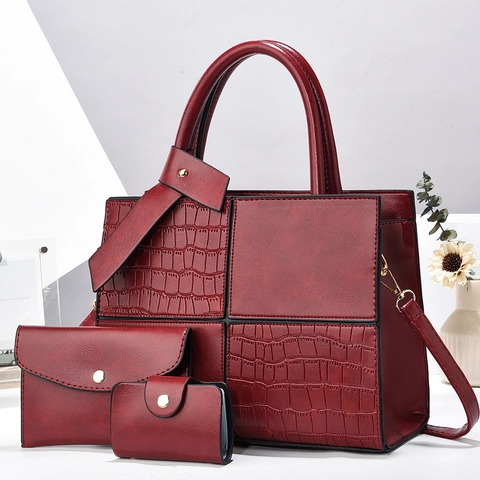 Women Vintage Large Capacity PU Leather Tote Handbag Shoulder Bag With Envelope Clutch And Card Holder Crocodile Pattern Patchwork Bag Set
