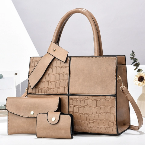 Women Fashion PU Leather Tote Bag Crocodile Pattern Stitching Large Capacity Shoulder Bag With Wallet And Card Holder Handbag