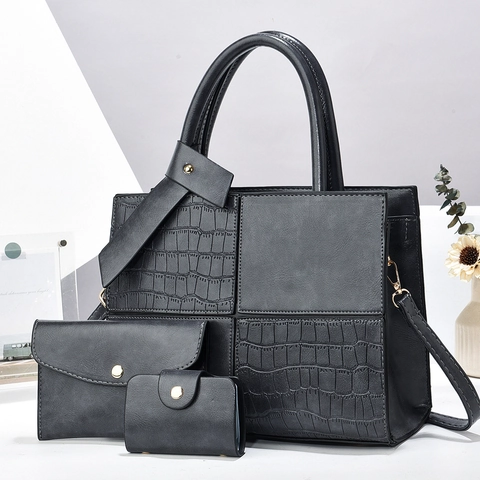 Dames PU Leer Shopper Tas Set 3 Stuks Krokodillenpatroon Patchwork Handtas Schoudertas Grote Capaciteit