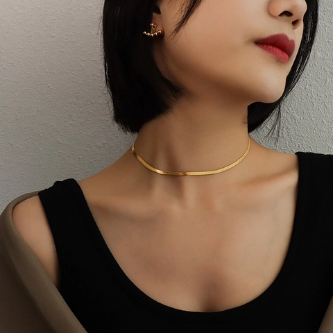 Minimalist Herringbone Necklace Flat Snake Bone Chain Stainless Steel High Polish Sleek Choker Jewelry For Women Men