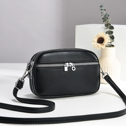 Borsa a Tracolla Mini da Donna in Pelle PU a Grana con Cerniera a Triplo Strato Piccola Borsa a Spalla Portafoglio per Cellulare