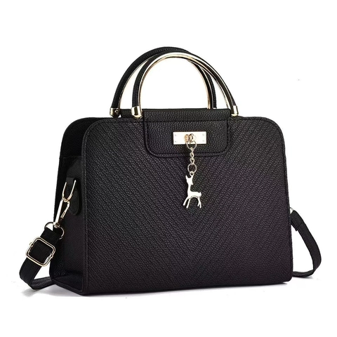 Elegant Women PU Leather Handbag With Gold Metal Handle And Deer Pendant Lychee Texture Versatile Shoulder Crossbody Bag