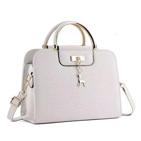 Elegant Women PU Leather Handbag With Gold Metal Handle And Deer Pendant Lychee Texture Versatile Shoulder Crossbody Bag