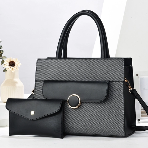 Women Fashion PU Leather Woven Handbag And Clutch Set Gold Metal Buckle Shoulder Crossbody Bag Large Capacity Tote