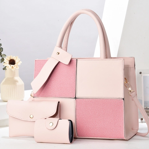 Borsa a Tracolla Patchwork Color Block da Donna Set Tote E Portafoglio E Porta Carte Grande Capacità Borsa a Mano in Pelle PU