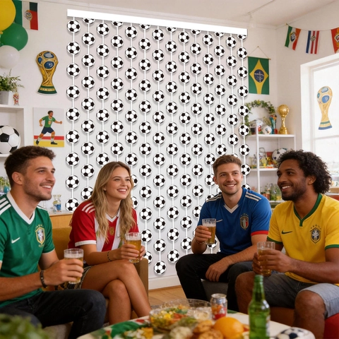 Tenda a Pioggia in Alluminio Decorazione per Feste a Tema Coppa del Mondo di Calcio Fondale Sospeso Bianco Nero per Fan Celebrazione