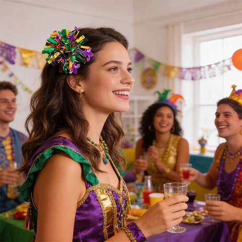 Fermagli per Capelli Pom Pom Mardi Gras Giglio Tinsel Viola Verde Oro Carnevale Accessori per Feste per Donne Bambini