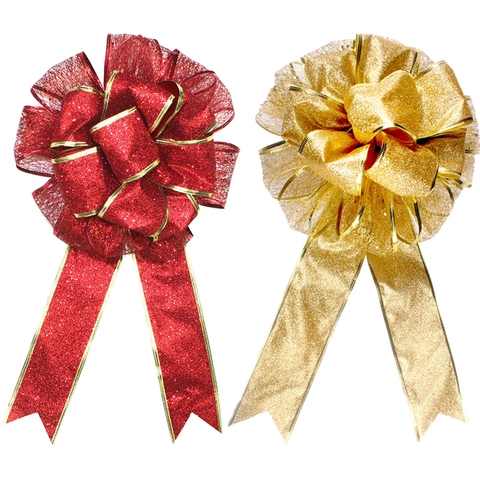 Grande Fiocco Decorativo di Natale Nastro a Rete Glitterato Con Bordo in Filo Dorato per Albero di Natale Festa Casa Ornamento