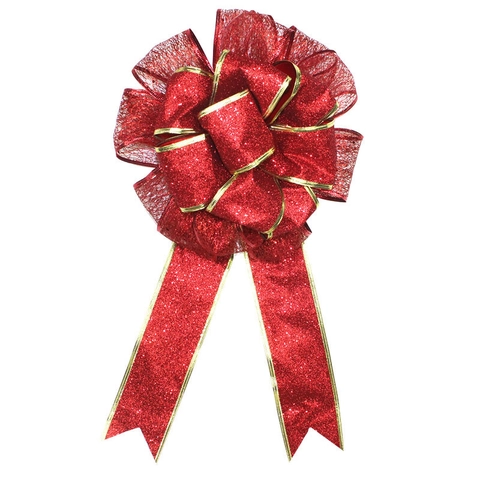 Grande Fiocco Decorativo di Natale Nastro a Rete Glitterato Con Bordo in Filo Dorato per Albero di Natale Festa Casa Ornamento
