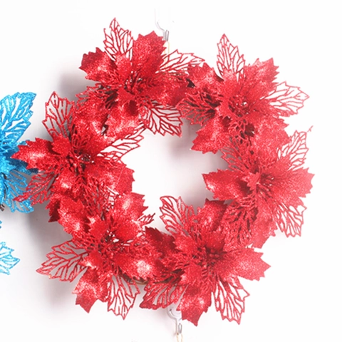 Luxury Christmas Poinsettia Wreath Glitter Hollow Out Artificial Flower Garland For Festival Home Door Wall Hanging Decoration