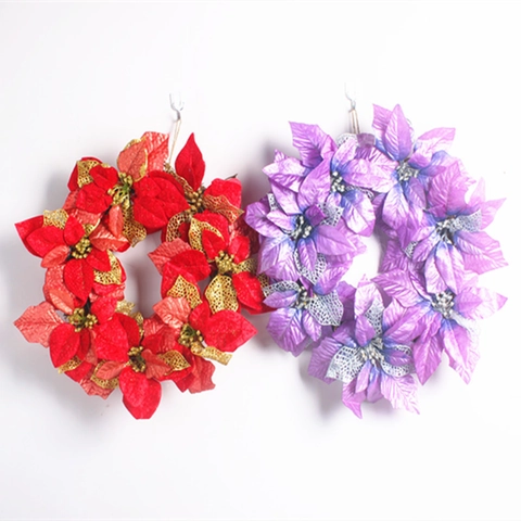 Ghirlanda di Natale da 45cm con Fiori Artificiali di Poinsettia Decorazione da Appendere alla Porta con Foglie Glitter Rosso Viola