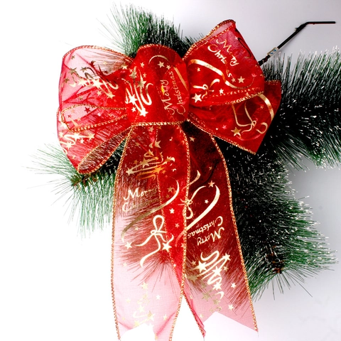 Fiocco per Albero di Natale Bronzato Oro Rosso Merry Christmas Fiocco in Rete di Organza Con Aghi di Pino per Decorazione