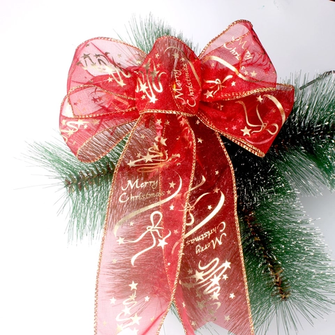 Fiocco per Albero di Natale Bronzato Oro Rosso Merry Christmas Fiocco in Rete di Organza Con Aghi di Pino per Decorazione
