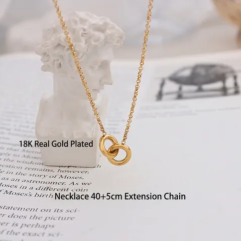 Interlocking Double Circle Pendant Necklace 18K Gold Plated Titanium Steel Minimalist Elegant Chain Jewelry For Women