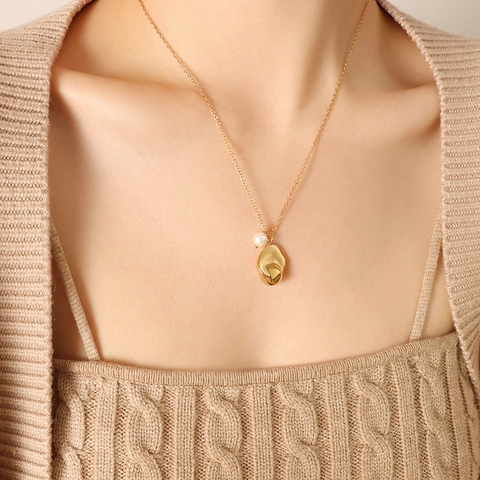 Minimalist Titanium Steel Geometric Pendant Necklace Artificial Pearl 18K Gold Plated Irregular Liquid Metal Jewelry For Women