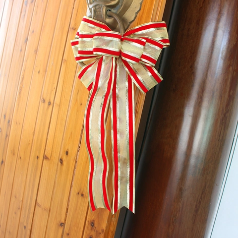 Grande Fiocco Decorazione Natalizia Rosso Oro a Righe per Puntale Albero Porta Appeso Ornamento Artigianale Forniture Casa