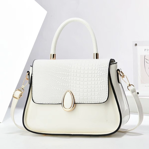 Women Handbag PU Patent Leather Crocodile Pattern Contrast Top Handle Adjustable Shoulder Strap Elegant Crossbody Bag