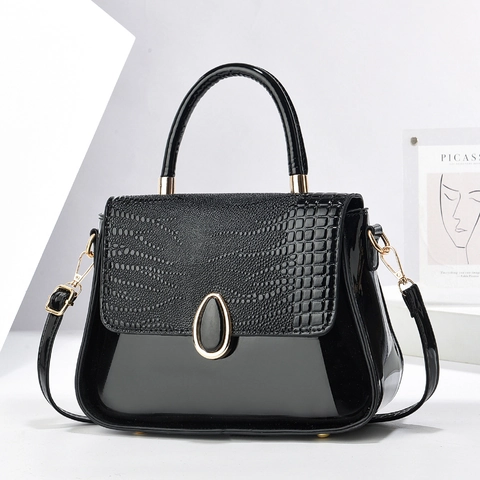 Women Handbag PU Patent Leather Crocodile Pattern Contrast Top Handle Adjustable Shoulder Strap Elegant Crossbody Bag