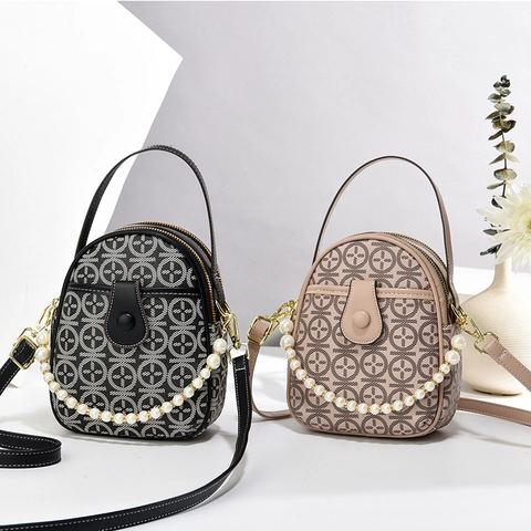 Mini Bolso De Mano Con Estampado Geométrico Retro De Cuero PU Bolso De Bandolera Con Cadena De Perlas Artificiales Para Mujer