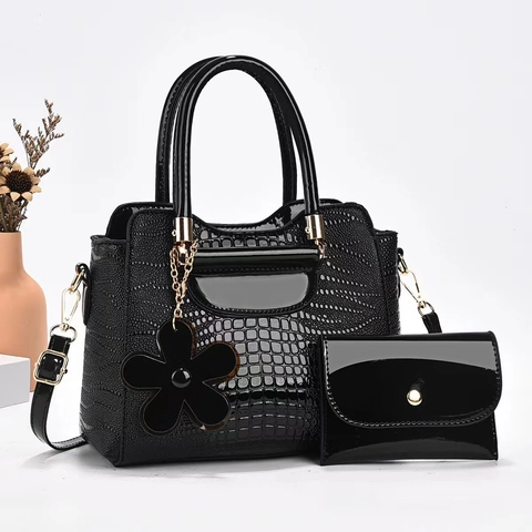 Crocodile Pattern Patent Leather Handbag And Matching Pouch Large Capacity Fashion Shoulder Crossbody Bag Women