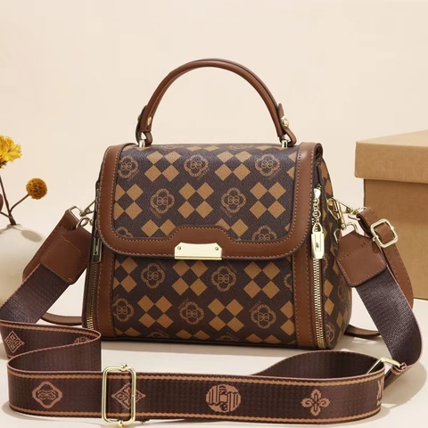 Borsa A Spalla Da Donna Pelle PU Stampa Plaid Retrò Cucita Grande Capacità Multistrato Borsa A Mano Borsa A Tracolla Cinghia Larga Jacquard