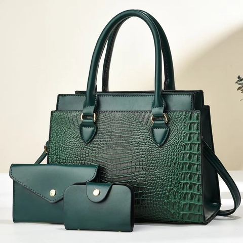 Ensemble De Sacs À Main En Cuir PU Gaufré Motif Crocodile Comprenant Un Fourre-tout Un Sac À Bandoulière Et Un Portefeuille