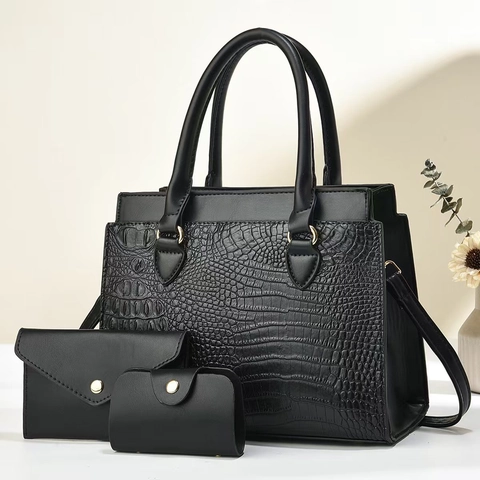 Ensemble De Sacs À Main En Cuir PU Gaufré Motif Crocodile Comprenant Un Fourre-tout Un Sac À Bandoulière Et Un Portefeuille