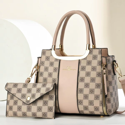 Elegante Borsa A Mano In Pelle PU E Borsetta A Busta Motivo A Scacchi Stampa Floreale Manico In Metallo Per Donna