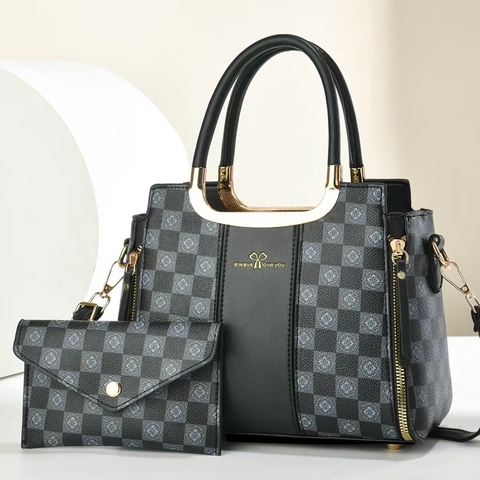 Elegante Borsa A Mano In Pelle PU E Borsetta A Busta Motivo A Scacchi Stampa Floreale Manico In Metallo Per Donna