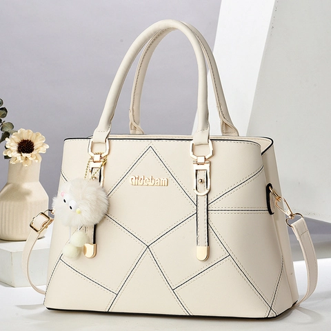 Women Large Capacity PU Leather Handbag Quilted Rhombus Top Handle Bag With Fur Ball Pendant Commuter Shoulder Bag