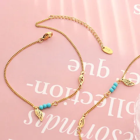 Bohemian Titanium Steel Gold Plated Anklet With Turquoise Beads And Wing Evil Eye Charms For Women Fashionable Foot Jewelry