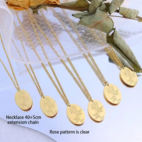 Vintage Rose Flower Pendant Necklace Elegant Oval Carved Titanium Steel Jewelry 18K Gold Plated For Women