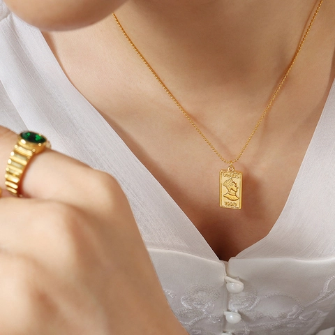 Retro Venus Porträt Rechteckige Anhänger Halskette Titanstahl 18K Vergoldet Feine Perlenkette Schmuck Für Damen